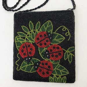Ermo Beaded Ladybug Crossbody Retro Bag Black Red Green Zip Closure Art Artsy